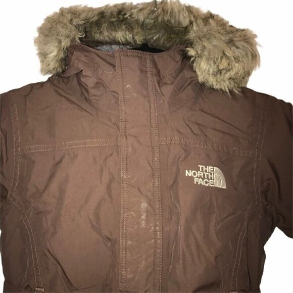 North Face Hyvent Girls Down Jacket Brown Faux Fur Trim Hooded Belt Zip Small - Picture 2 of 10